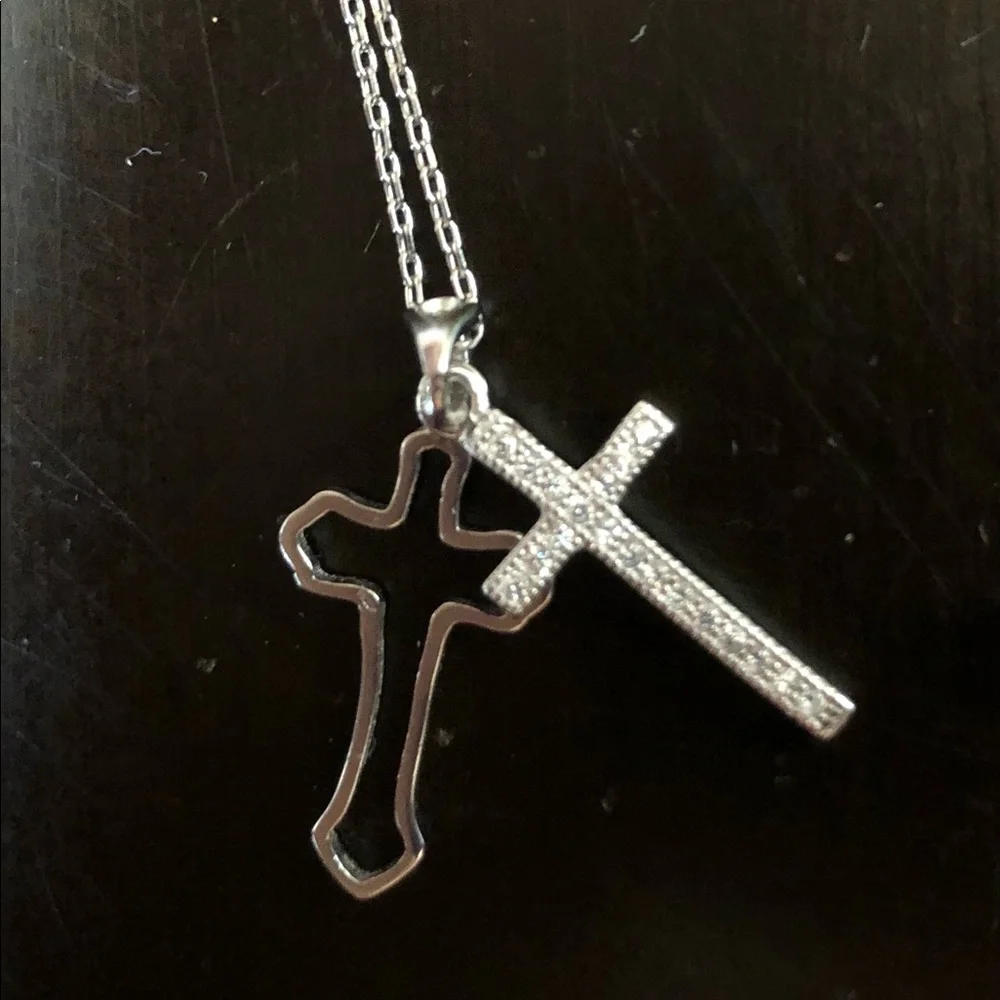 925 Silver double cross necklace cz stone